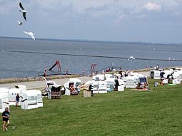 Nordsee Wattenmeer und gr�ner Strand mit Strandk�rben Ruhe und Erholung